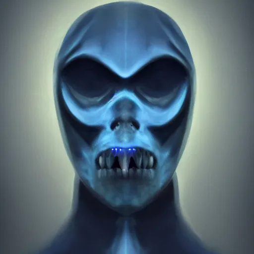 Prompt: award - winning. trending on artstation. 4 k. eerie tone. a mouthless astral figure wearing a hooded cape made of the night sky with 1 5 dark blue glowing eyes on its face and rows of teeth on its chest. full - body. portrait.