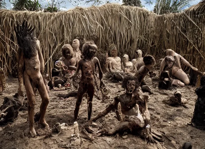 Prompt: sensual scene from art house film by alejandro jodorowsky, roger ballen, surreal scene of an occult ritual in a picturesque outdoors setting, ashes, new guinea mud man, costumes, snakes, smoke, burned dolls, close - up of the actors'faces, sharp, leica 3 5 mm, 1 6 k