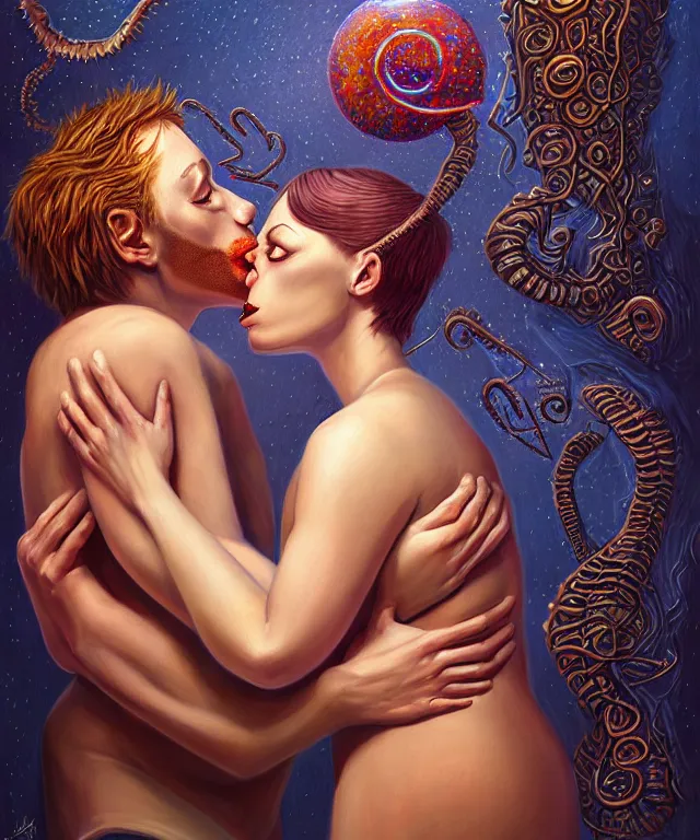 Prompt: a portrait painting titled the kiss, polycount, surrealism, surrealist, lovecraftian, cosmic horror, magic runes, high detail