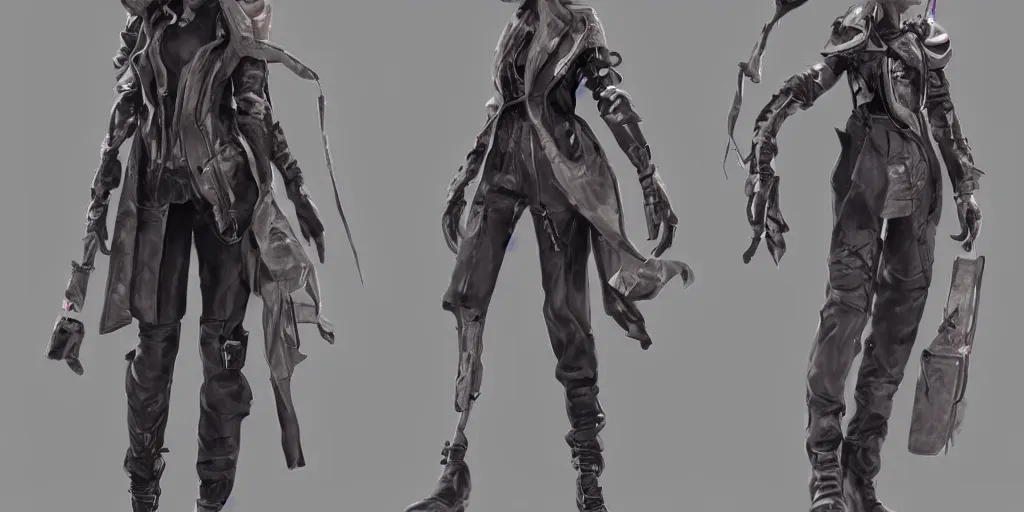 Image similar to A woman in scientist jacket with a system of straps and pouches for collecting material by Tetsuya Nomura with Ralph Horsley and Mario Testino, trending on artstation and pixiv clean sci-fi concept art and sheet for video game character that will be used in unreal engine 5 with hyper detailed textures and cinematic light