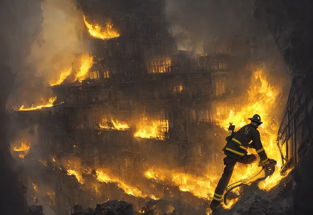 Prompt: an heroic firefighter in action in black and yellow uniform, inside the white house, fire flames, sharp details, sharp focus, photorealistic, octane, hyper detailed, trending on deviantart, illustration, by jordan grimmer and greg rutkowski and pine ( ハイネ ), intricate