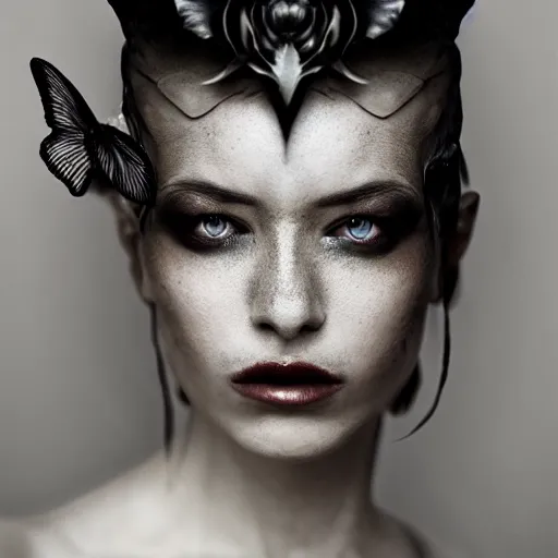Prompt: a portrait of female model by stefan geselle and nekro borja, photorealistic, intricate details, hyper realistic, dark fantasy, ornate headpiece, dark beauty, photorealistic, canon r 3, photography, wide shot
