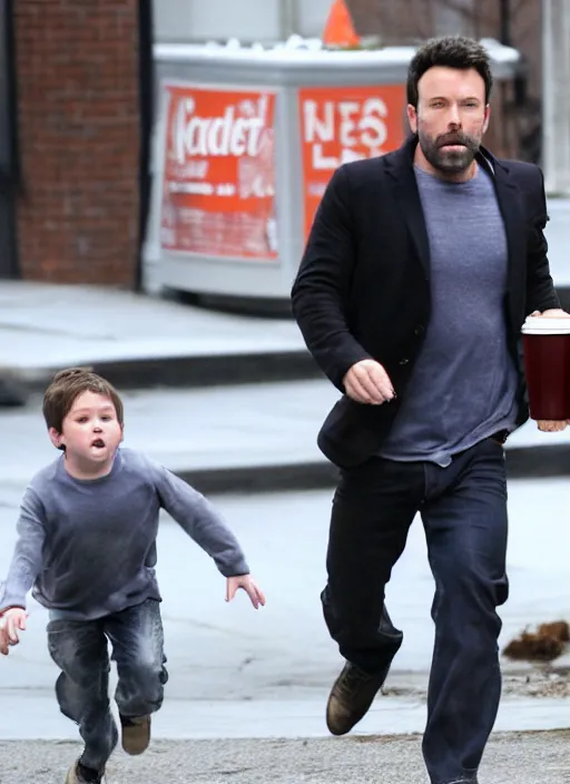 Image similar to ben affleck being chased by a giant cup of dunkin donuts coffee, running scared