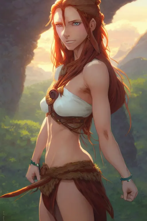 Prompt: long ginger hair, tanned woman in a prehistoric outfit, green eyes, by artgerm, hair tied in a ponytail, white backdrop, soft lighting, blue colors, by greg rutkowski makoto shinkai takashi takeuchi