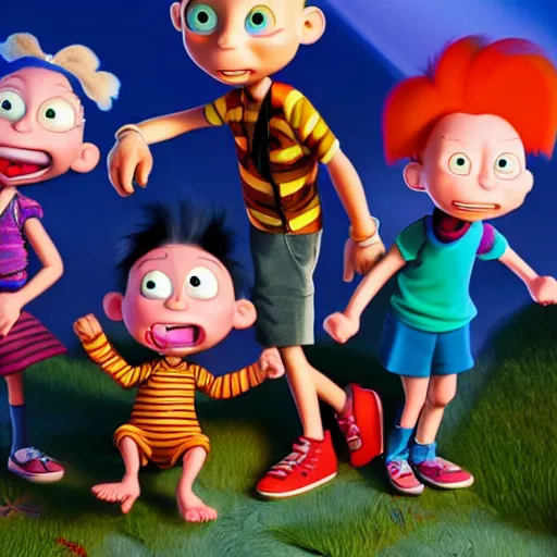 Image similar to the Rugrats by Pixar, movie poster, cinematic lighting, raytracing, highly detailed, highly detailed faces, ultra quality, 3d