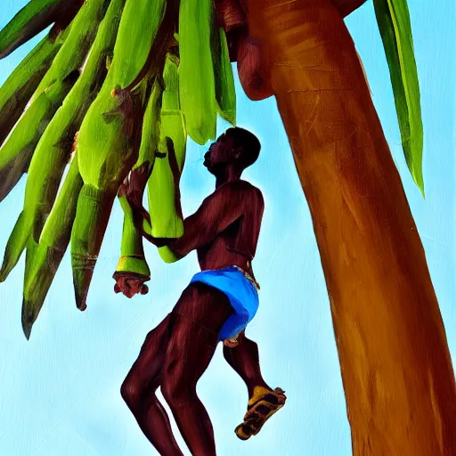 Prompt: nigerian young man climbing a banana tree 3 d art shot taking from the ground looking up oil painting style