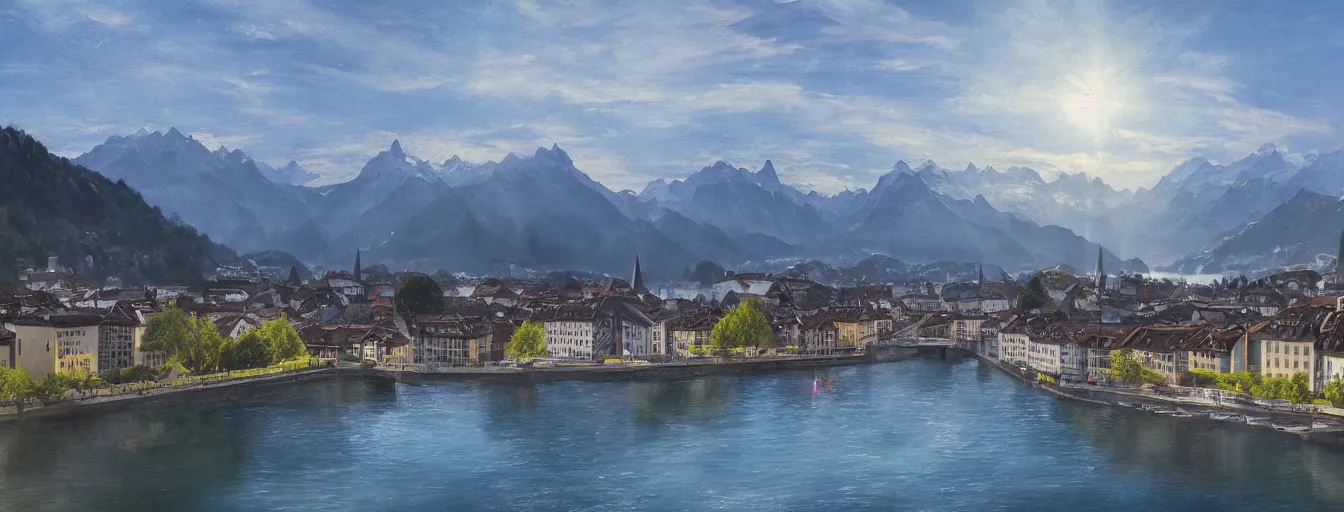 Image similar to Digital painting of Zurich, Limmat and the lake, wide angle, volumetric light, caribean water, hyperdetailed, Alps in the background, artstation, cgsociety, 8k