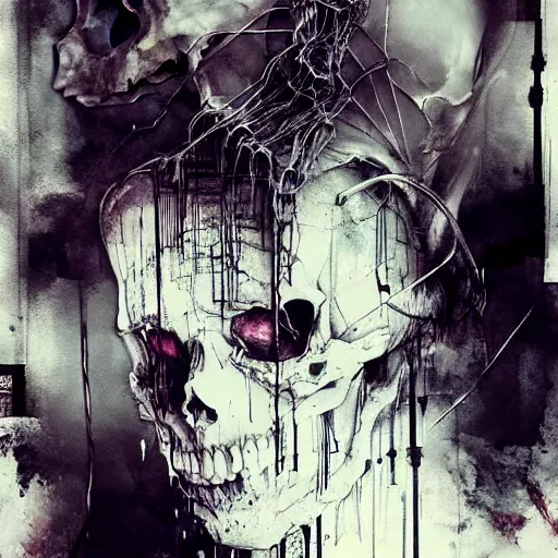 Image similar to skulls wires skin cyberpunk by emil melmoth zdzislaw belsinki craig mullins yoji shinkawa realistic render ominous detailed photo atmospheric by jeremy mann francis bacon and agnes cecile ink drips paint smears digital glitches glitchart