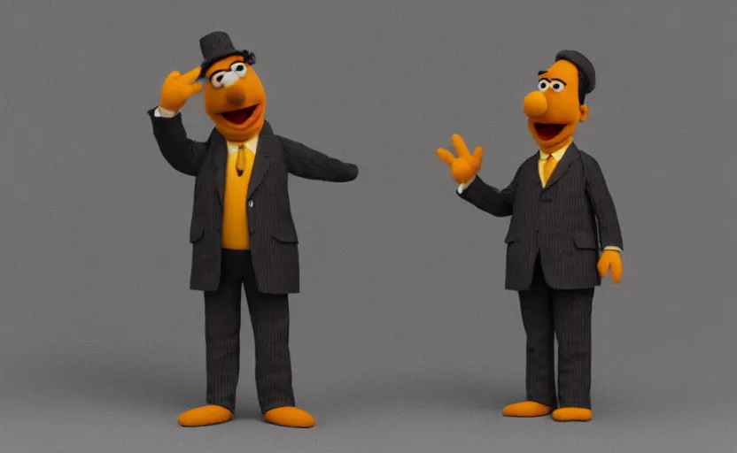 Image similar to 3 d render of bert from sesame street in a smoking suit