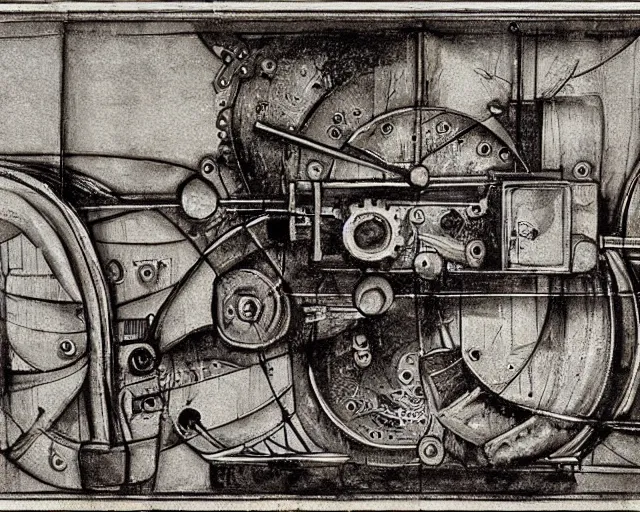 Image similar to steampunk mechanical electrical television set sketch by leonardo da vinci