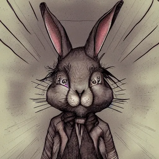 Image similar to rabbit as a monster, digital art style, scary atmosphere, nightmare - like dream