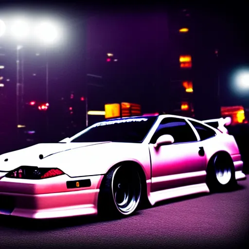 Prompt: a car 300ZX turbo drift at illegal car meet, Shibuya prefecture, midnight mist lights, cinematic color, photorealistic, highly detailed wheels, highly detailed
