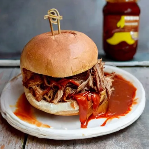 Image similar to pulled pork sandwich that looks like a monster, with eyes and shark teeth, drooling barbecue sauce