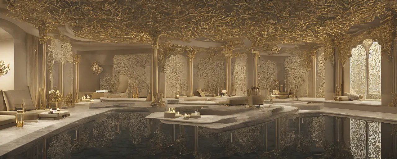 Image similar to 3 d render of a cinematic interior of a triple height hyper luxury spa with everything made of gold, candles, windows with view to desert mountains and river, beige stone marble floor with reflection, small wellness relaxation pool, intricate hieroglyph detailed roof, contemporary design, fractal sacred geometry, 8 k, hyperrealistic, photorealism,