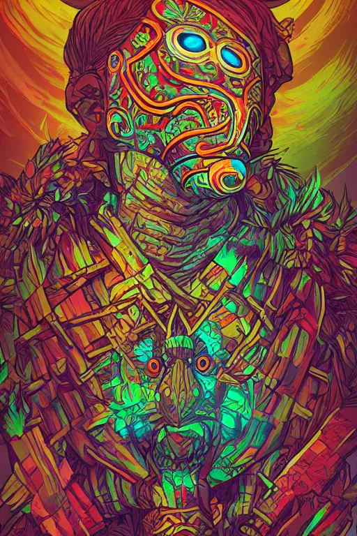 Image similar to totem animal tribal chaman vodoo mask feather gemstone plant wood rock video game illustration vivid color borderlands by josan gonzales and dan mumford radiating a glowing aura