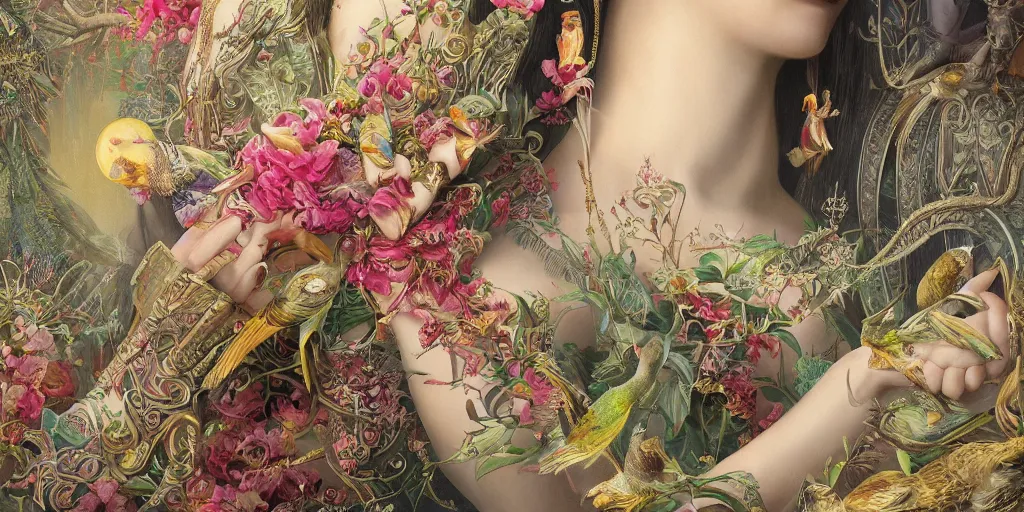 Prompt: breathtaking detailed concept art painting blend of queen sirikrit by hsiao - ron cheng with anxious piercing eyes, vintage illustration pattern with bizarre compositions blend of flowers and fruits and birds by beto val and john james audubon, exquisite detail, extremely moody lighting, 8 k