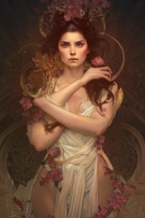 Image similar to close up portrait of goddes of rose, digital illustration, dramatic lighting, by artgerm and greg rutkowski and alphonse mucha