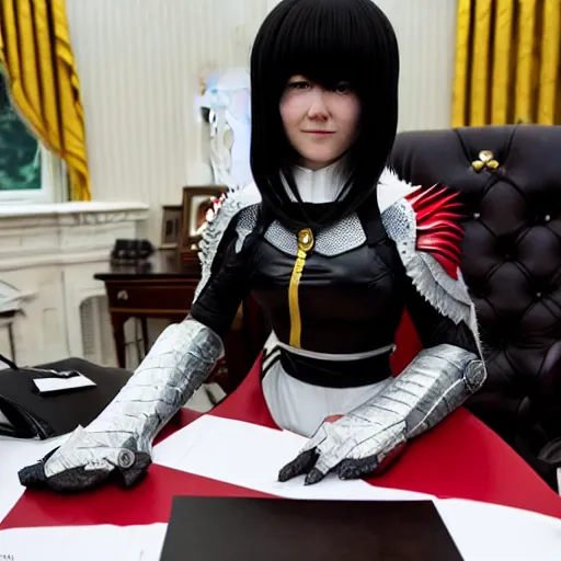 Image similar to a person cosplaying griffith from berserk by kentaro miura sitting at white house desk with american flag at his side