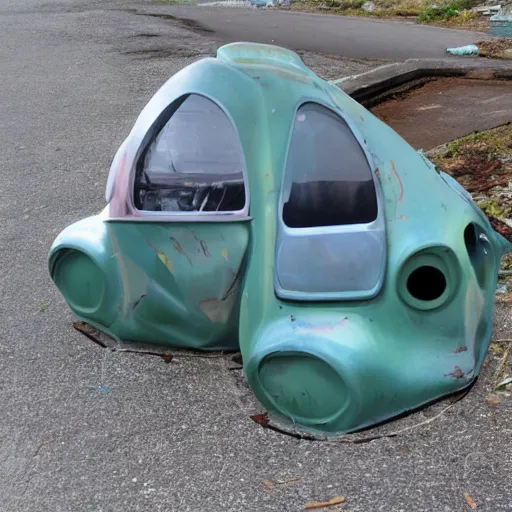 Prompt: various materials alien car-shaped trash hull on driveway