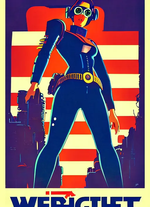 Image similar to american propaganda poster. cyberpunk pilot. portrait by jean giraud and anton otto fischer and john philip falter and will eisner and gil elvgren and pixar. full body. realistic proportions. science fiction d & d. overwatch, rb 6 s, cyberpunk 2 0 7 7, blade runner 2 0 4 9. cel shading. thick lines.