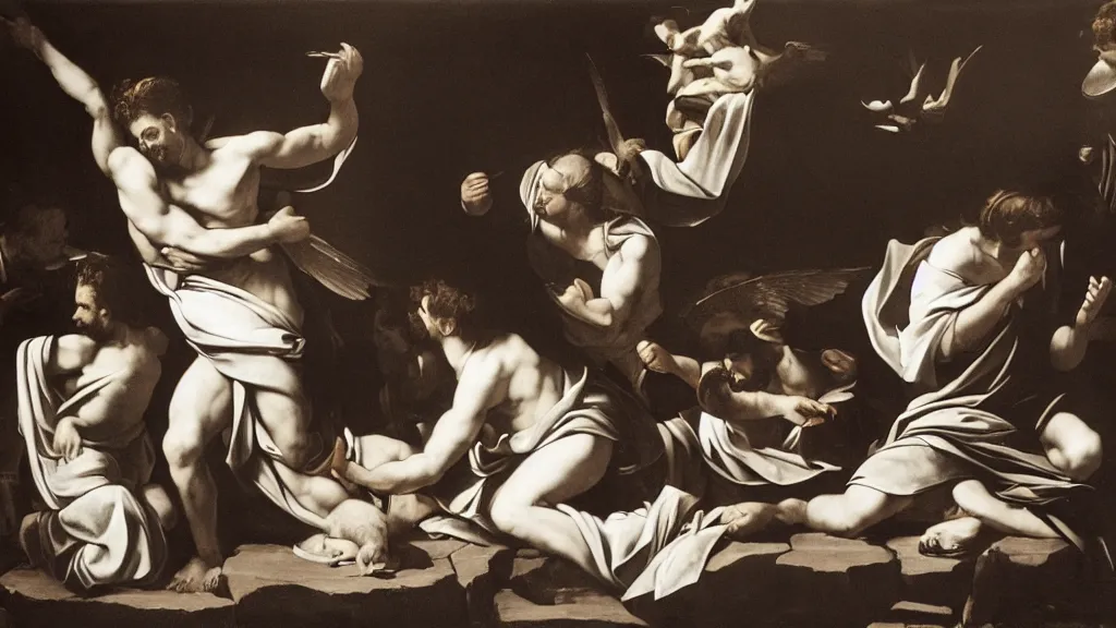 Prompt: photograph of a scene similar to the vocation of St. Matthew inspired by Caravaggio