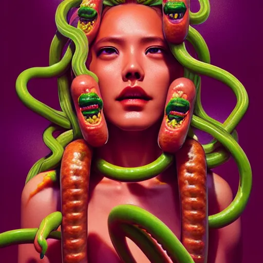 Image similar to medusa with hotdogs instead of snakes. intricate abstract. intricate artwork. by tooth wu, wlop, beeple, dan mumford. trending on artstation, greg rutkowski very coherent symmetrical artwork. cinematic, hyper realism, high detail, octane render, 8 k, iridescent accents