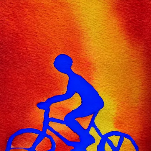 Prompt: person riding a bicycle, very beautiful watercolor painting, red dark - blue and orange color palette