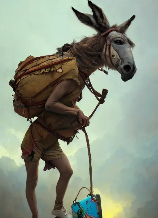 Prompt: donkey carrying items in a bag, peter mohrbacher, denis sarazhin, beeple, greg rutkowski, tomasz alen kopera, vibrant colors, highly detailed, dramatic lighting, 8 k, trending on artstation, very coherent