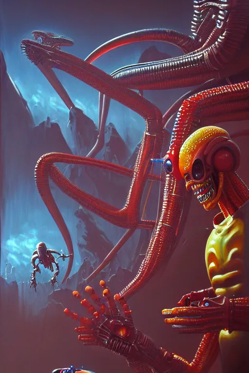 Image similar to a highly detailed painting of an epic boss fight with ronald mcdonald, 1 9 8 0 s science fiction, 1 9 7 0 s science fiction, alien 1 9 7 9, cyberpunk, 3 d oil painting, depth perception, 4 k, artstation