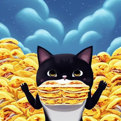 Prompt: an adorable, angry fat cartoon cat holding a bag of tacos, by cyril rolando and naomi okubo and dan mumford and ricardo bofill