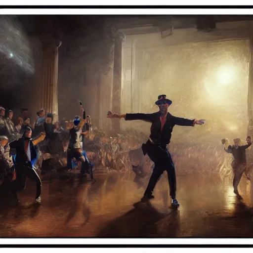 Image similar to ! dream highly detailed painting of swat raid dancing on stage at a school talent show by william turner, by greg rutkowski, by william constable, thick brush strokes and visible paint layers, 4 k resolution