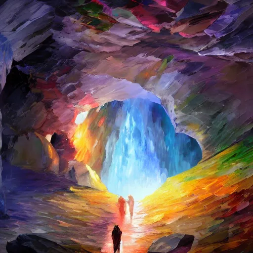 Image similar to A huge cave full of rainbow color crystals and gems on the ground, and stuck to the walls made of huge grey boulders, very dark, midnight, oil painting by Afremov and Greg Rutkowski.