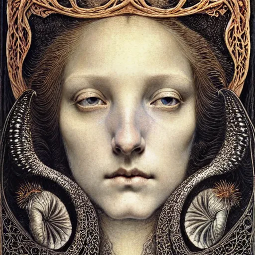 Image similar to detailed realistic beautiful young medieval queen face portrait by jean delville, gustave dore, iris van herpen and marco mazzoni, art forms of nature by ernst haeckel, art nouveau, symbolist, visionary, gothic, pre - raphaelite, horizontal symmetry, fractal lace, memento mori