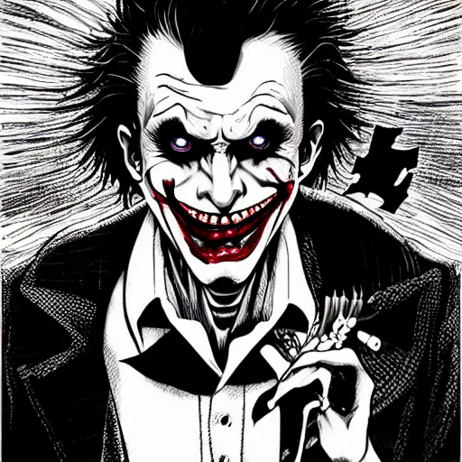 Image similar to The Joker portrait in the style of Junji Ito. Manga. Black and white. Gothic. Horror. Extremely detailed. 4K.