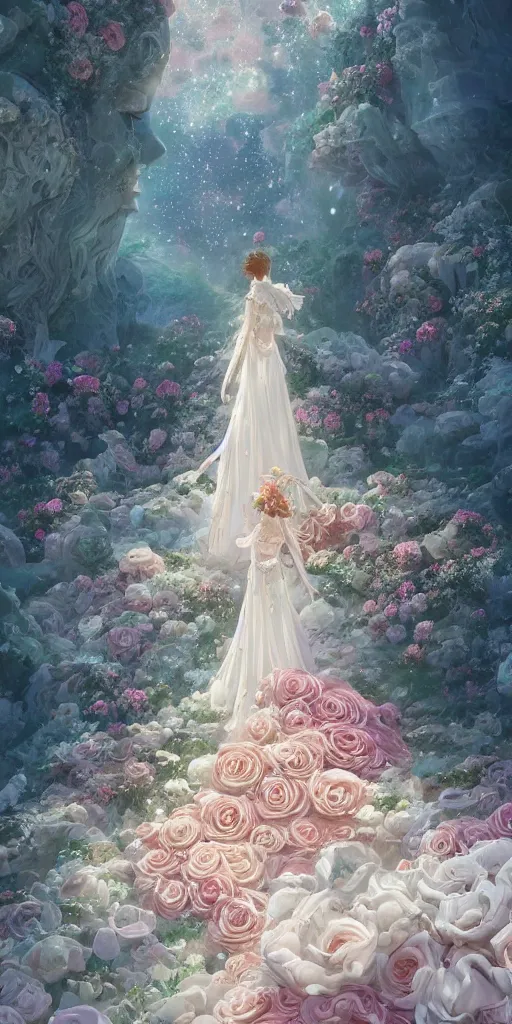 Image similar to the beautiful hyper detailed rose wedding dress in the fairyland surrounded by white clouds, in the style of makoto shinkai victo ngai and peter mohrbacher studio ghibli artgerm karol bak beeple, animation style, 8 k hd, dream, ultra wide angle, animation style, 3 drender, hyperdetailed