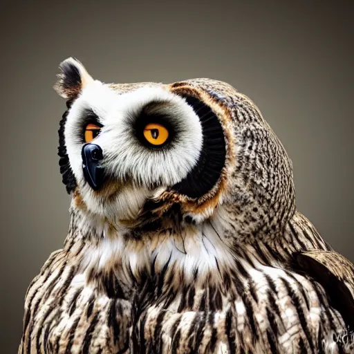 Image similar to a bear with a head of an owl, 8k, ultrarealistic, professional photography