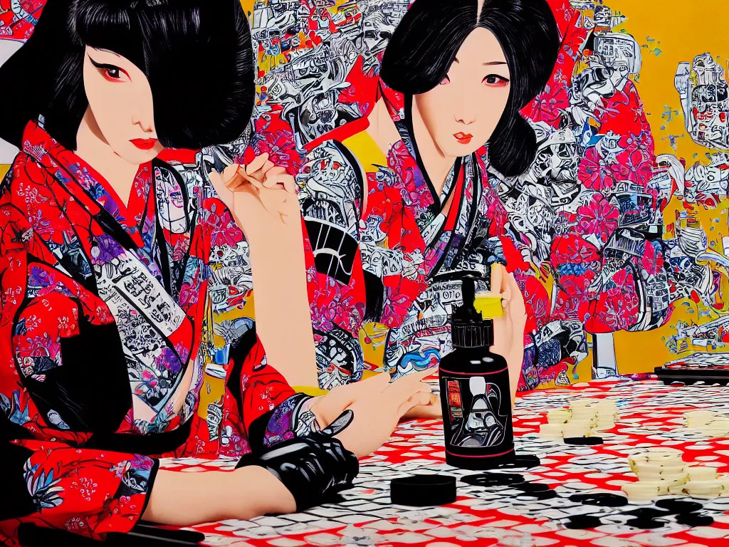 Image similar to hyperrealism composition of the detailed woman in a japanese kimono sitting at an extremely detailed poker table with darth vader, fireworks on the background, pop - art style, jacky tsai style, andy warhol style, acrylic on canvas