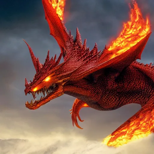 Prompt: Smaug a dragon that spews fire from it's mouth standing on it's feet spreading it's wings, epic, realitic, cinematic, 4k