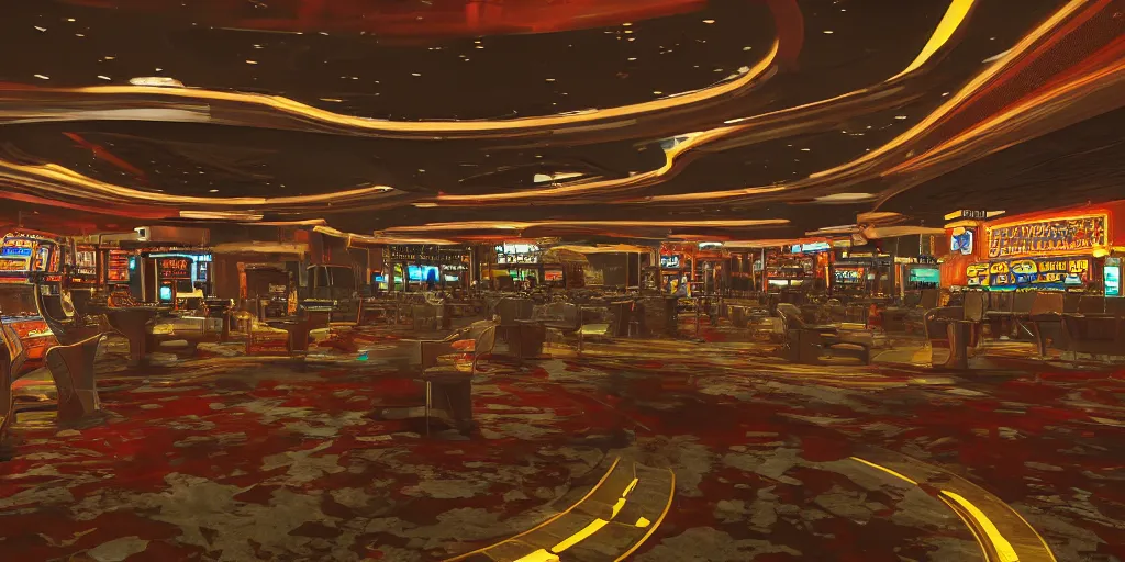 Image similar to fallout concept art neodeco las vegas casino interior render grim realistic lighting unreal engine 5