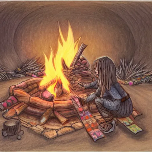 Prompt: a dragon native living in a small clay hut near a campfire, extremely stunning and detailed colored pencil drawing