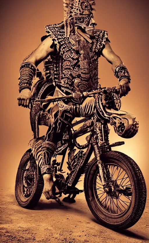 Image similar to old vintage full body photo of ancient aztec jaguar warrior with full beard riding vintage punk engine with one wheel, extreme sports photography ,super high speed photography, dynamic photography,symmetrical face, clean face, muscular body, high speed,dirt and grawel in air, lens flares, dust partiles in the air, dramatic lighting, intricate, highly detailed, centered, smooth, sharp focus, sports photography, old photo, black and white, sepia, cinematic lighting, cinematic angle, national geographic