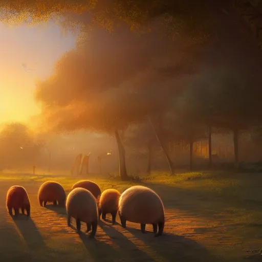 Prompt: concept art for a capybara cafe, atmospheric, ethereal, golden hour, oil painting, beautiful, stunning, 4 k rendering, trending on artstation