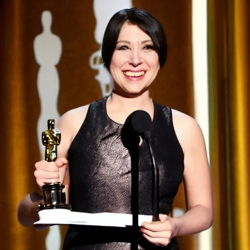 Image similar to an actress giving academy awards acceptance speech in the spotlight on the stage