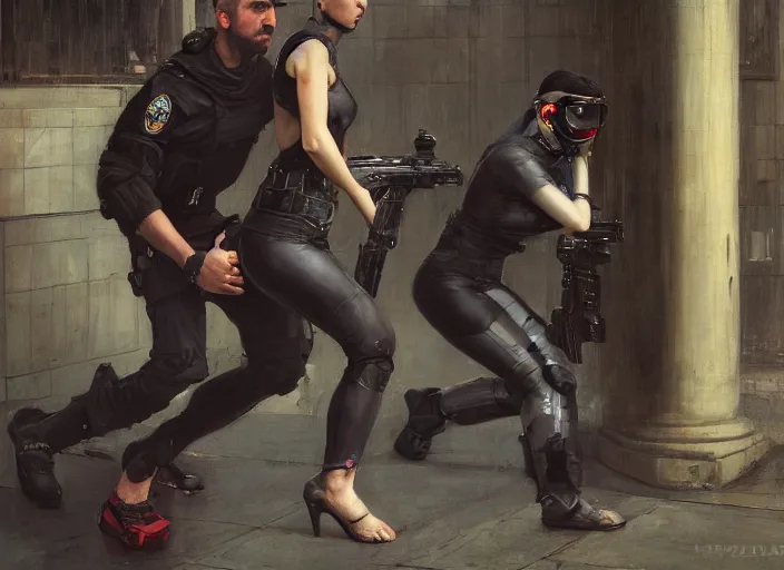 Image similar to Maria evades sgt Nash. Cyberpunk hacker in jumpsuit escaping menacing police troopers (blade runner 2049). beautiful face. armbar. Iranian orientalist portrait by john william waterhouse and Edwin Longsden Long and Theodore Ralli and Nasreddine Dinet, oil on canvas. Cinematic, hyper realism, realistic proportions, dramatic lighting, high detail 4k