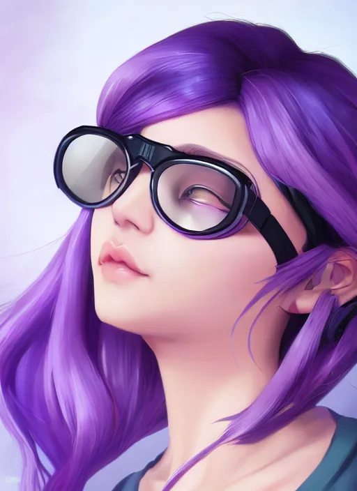 Image similar to a beautiful asian female scientist, cute and calm, purple hair, goggles, character, closeup headshot, in the style of artgerm, artstation, wlop, alexis franklin, cgsociety, 8 k resolution, detailed