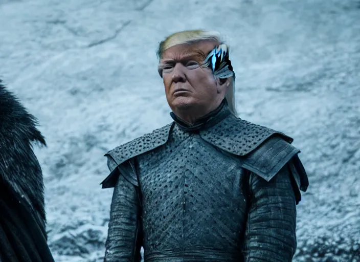 Prompt: donald trump in game of thrones as a merchant movie still, cinematic lighting, ray tracing, octane render, long lens, shallow depth of field, bokeh, anamorphic lens flare, 8 k, hyper detailed, 3 5 mm film grain