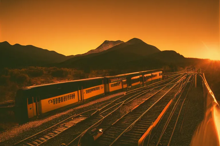 Prompt: trains riding in the sunset over a mountain. film photography, soft lighting