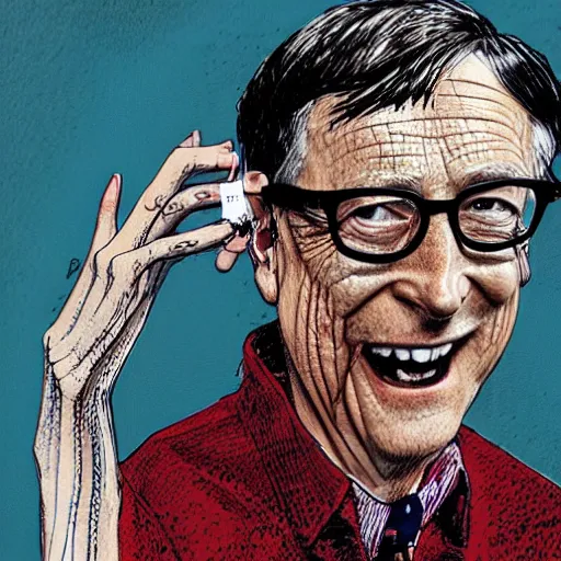 Prompt: bill gates holding a vaccine in his hand, Body horror, by Ralph Steadman