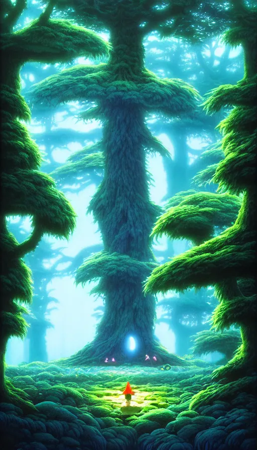 Prompt: a tree in a forest of ori in the blind forest, studio ghibli, painted by tim white, michael whelan, j. c. 8 k