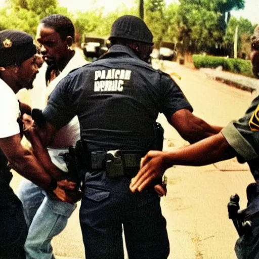 Image similar to photo of 2 pac arresting 2 pac, there is an officer that looks like 2 pac arresting that 2 pac. 2 pac can be seen in the background overlooking the situation.